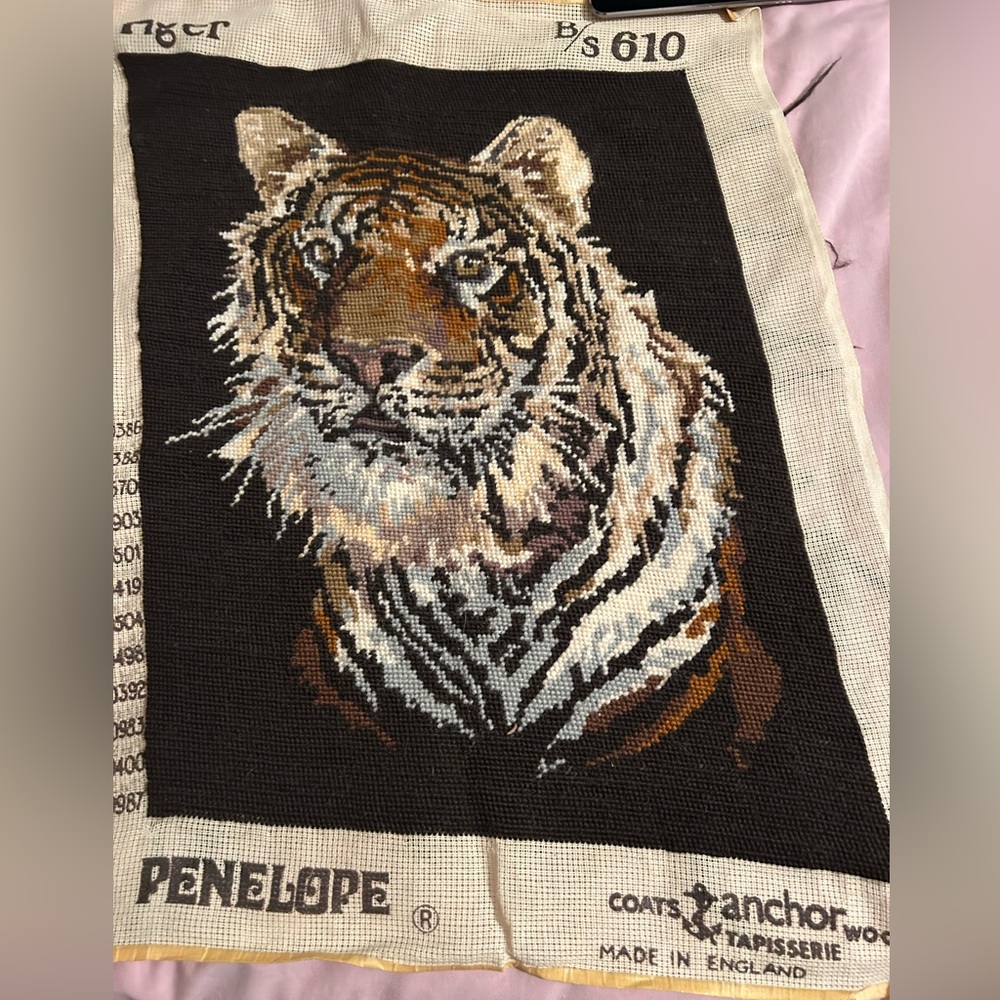 Wool Needlepoint Tiger Tapestry Canvas - Black and Brown 14”x17.5”